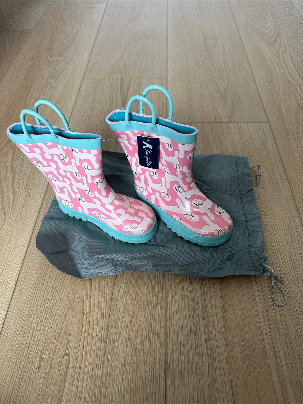 Kids Pink Poodle Rain Boots with Aqua Trim